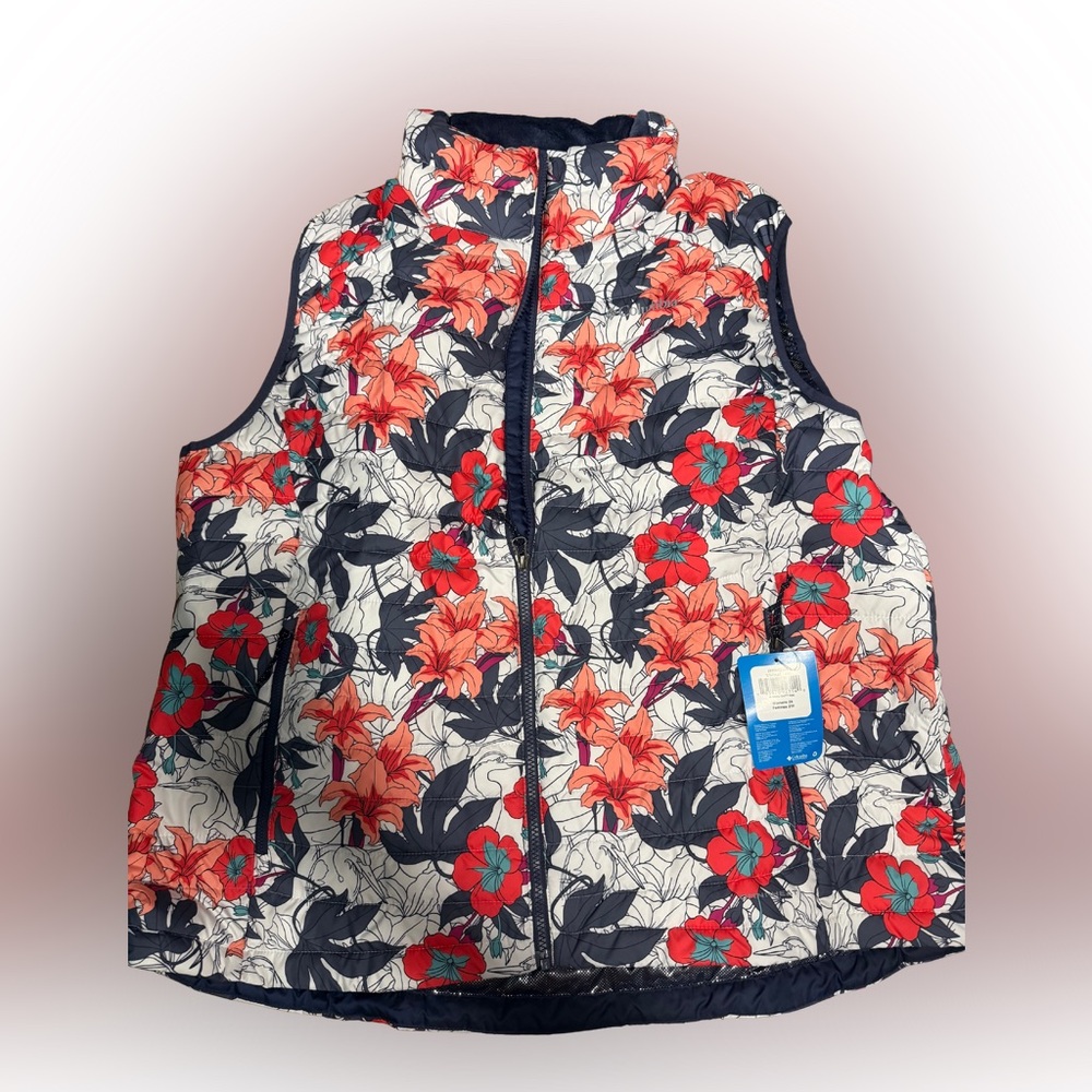 Columbia Puffer Vest Women's 2X Floral Tropical Cranes Floral White out